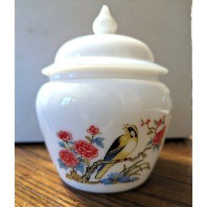Vintage AVON White Milk Glass with Lid Ginger Jar Floral & Bird Design Candy Jar